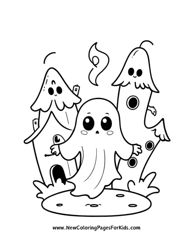 A Cute Cartoon Ghost Floating by a Haunted House