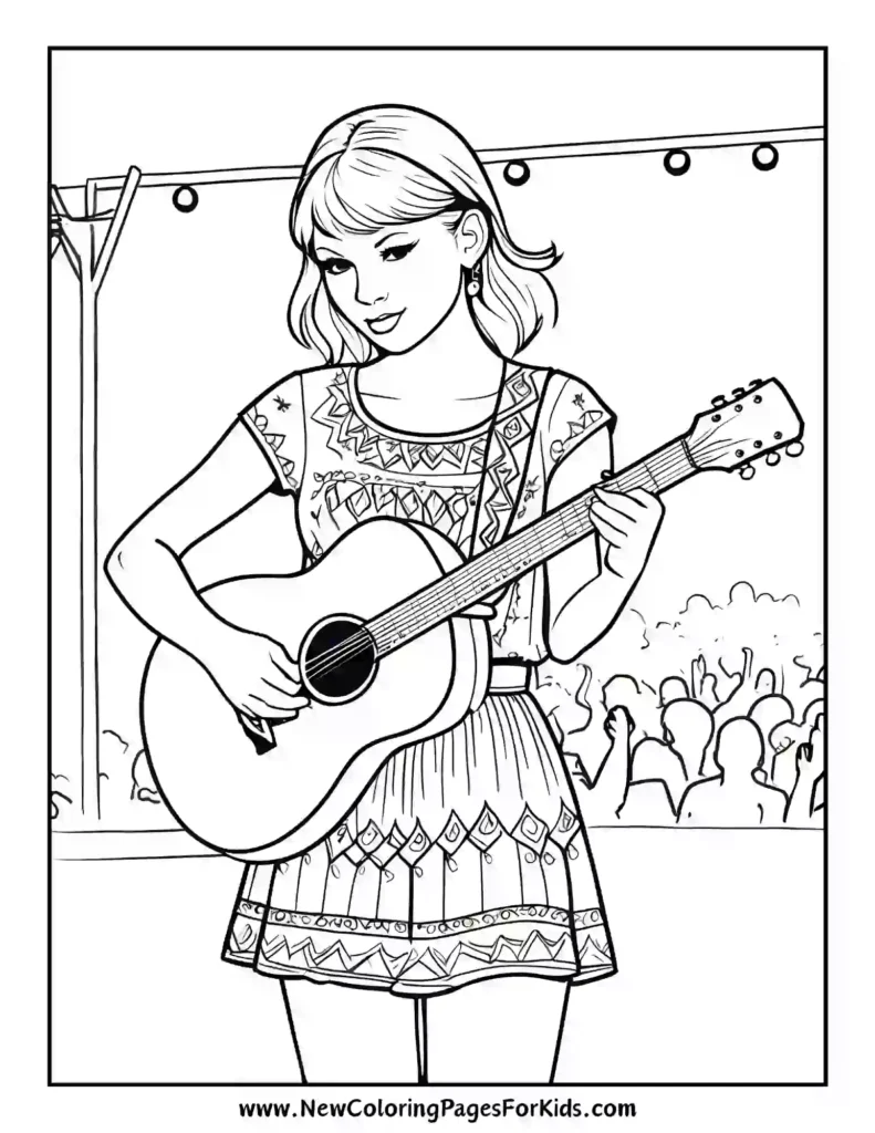 Bohemian Vibes Color Taylor Swift Playing Guitar in Style - Taylor Swift coloring pages