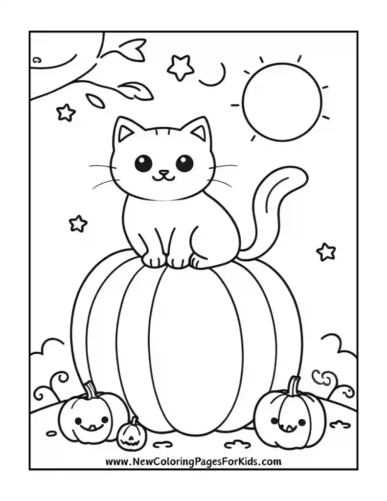 Color a Black Cat on a Pumpkin Beneath the Stars Fun Halloween Coloring Pages