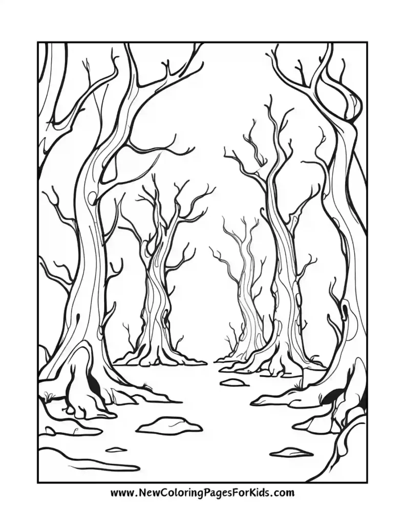 Color a Creepy Forest with Twisted Trees and Eerie Shadows