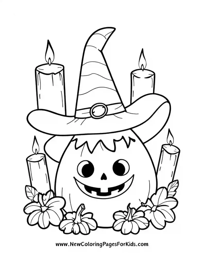 Jack o Lantern Magic Witch's Hat and Ghostly Companions in Halloween Coloring Pages