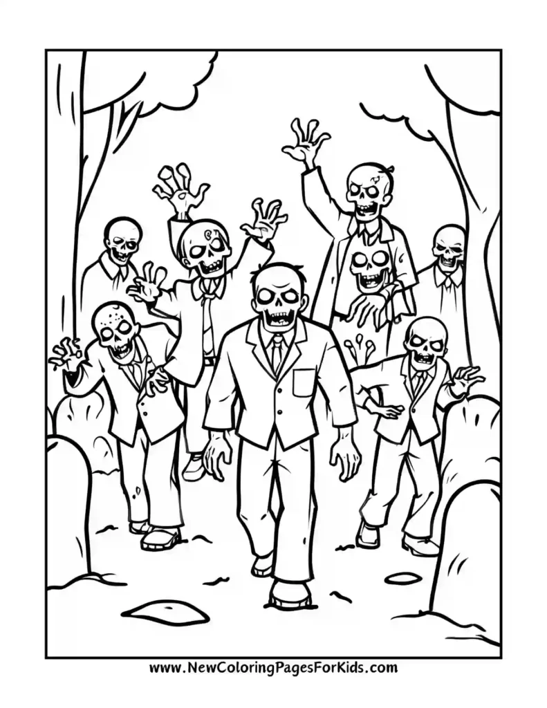 Join the Undead Spooky Zombie Rising Scenes for Halloween Coloring Pages