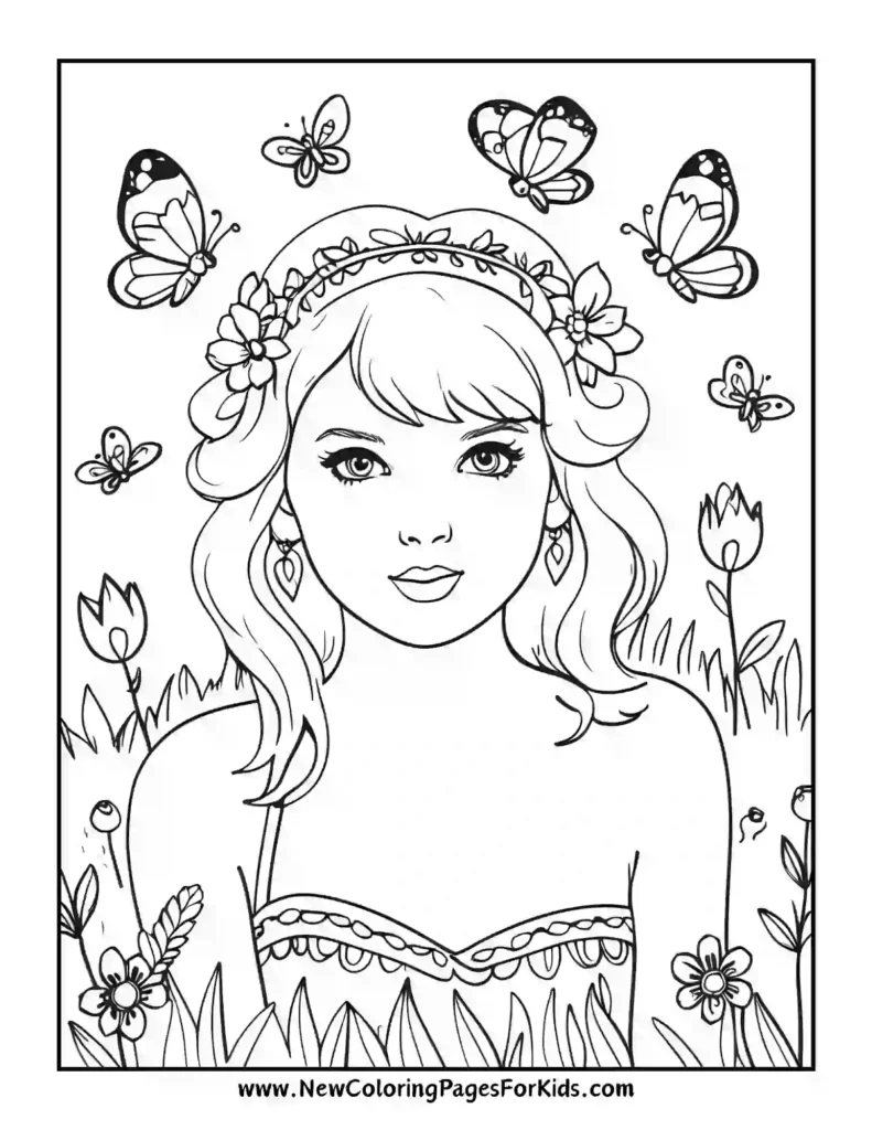 Taylor Swift with a Flower Crown to Color - Taylor Swift coloring pages