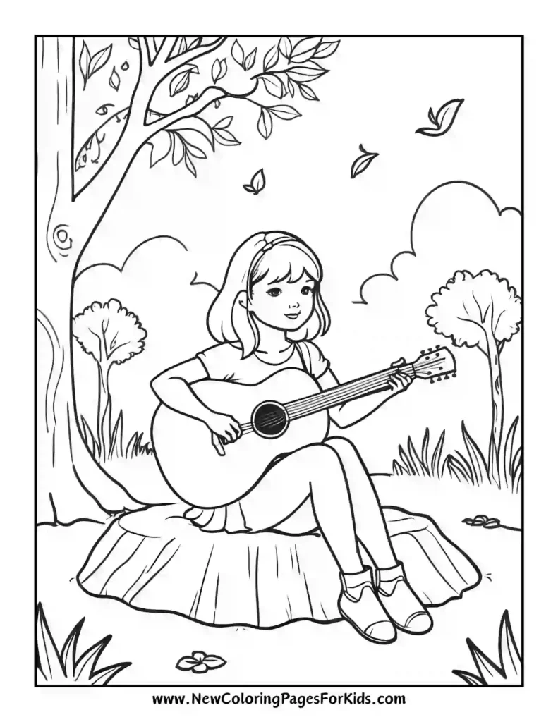 Taylor Swift’s Serene Scene Acoustic Guitar Under a Tree - Taylor Swift coloring pages